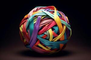 Ball made from colorful ribbons on dark background. photo