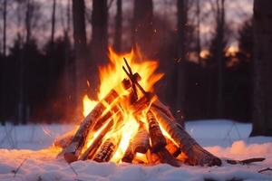 Close up shot of burning firewood in the fireplace in forest near stones. Winter time. White snow. photo