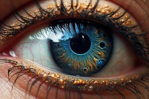 Blue orange human eye close up background. Amazing and fantastic concept. photo