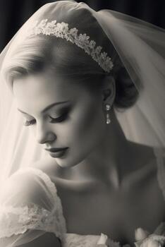 Beautiful Bride Fashion portrait in wedding luxury dress. Brunette happy woman wears bridal white dress with wedding makeup and hairstyle. Black and white photo. photo