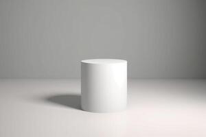 Empty white podium on white wall background for product placement. Modern product display. Copy space on showcase platform for marketing and presenting. Front view. photo