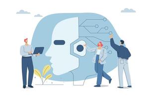 AI, Collaboration of personnel or company employees with artificial intelligence, New technological advances and innovations, Business team meeting with robot head, design illustration. vector