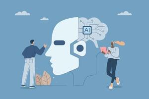 AI chip, Machine learning and people, Data analysis with innovative processing chips, Business team with robot head with digital brain outline with artificial neural network, illustration. vector