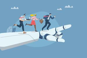 Collaboration of personnel with artificial intelligence, Setting goals to improve company growth with the support of AI, New innovative concept, Business team runs up on robot hand pointing upwards. vector