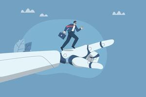 Collaboration of personnel with artificial intelligence, Setting goals to improve company growth with the support of AI, New innovative concept, Businessman runs up on robot hand pointing upwards. vector