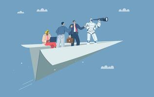 Finding new goals for company growth, New vision concept, Collaboration of personnel with artificial intelligence or AI, Robot uses binoculars with a business team on a paper plane. design. vector