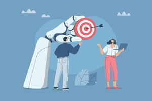 Collaboration of personnel with artificial intelligence or , Setting important goals with business support with AI, Business team working with a robot arm holding a target, illustration. vector