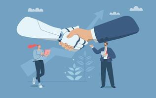 Ai robot and human shaking hands, Businessman and robot engaging in a handshake, Cooperation between business people artificial intelligence robots, Human expertise and technological progress. vector