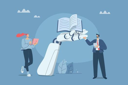 Artificial intelligence tools for business ideas with data analysis, AI, promoting important information and supporting business with new innovations, Business team with a robot arm holding books. vector