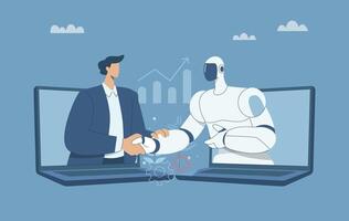 Ai robot and human shaking hands, Online collaboration between humans and artificial intelligence, Businessman and robot holding hands on laptop, Technological progress. design illustration. vector