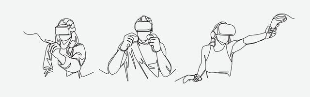 Set continuous line drawing of different people using vr headset. playing game, learning, watching with virtual reality. Editable line. Graphic illustration. vector