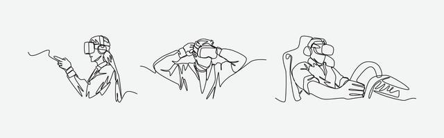 Set continuous line drawing of different people using vr headset. playing game, learning, watching with virtual reality. Editable line. Graphic illustration. vector