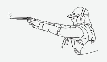 Continuous single line drawing of young girl holding a gun and practicing aiming at target shooting. Editable stroke. Graphic illustration. vector