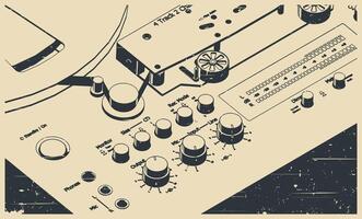 Tape drive mechanism of reel-to-reel recorder close-up retro poster vector