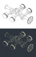 Horizontally opposed engine crankshaft and pistons blueprints vector