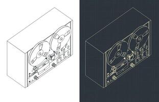 Reel to reel tape recorder isometric blueprints vector