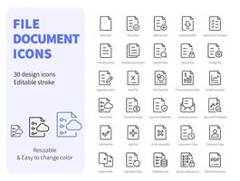 File Document Icons set. Such as financial report, cloud data, document analysis. Simple illustration editable stroke. vector