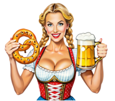 Hand drawn Bavarian waitress holding two mugs of beer in both hands png