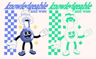Two design variations of a measuring flask mascot filled with bubbling chemicals and emitting steam, representing scientists. The mascot has a cheerful facial expression and groovy cartoon style vector