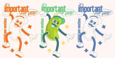 A collection of cartoon-style cucumber pickle team mascot sets inspired by groovy 60s posters, featuring positive affirmations and sparkling light ornaments. The characters depicted with angry face vector