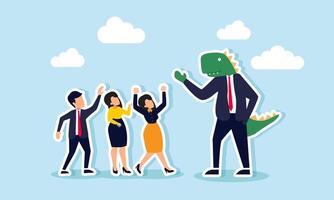Corporate dinosaur an outdated boss refusing change, a bad leader, an ancient office problem, concept of A funny dinosaur raptor businessman chats with colleagues in the office vector