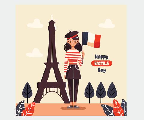 Happy Bastille Day on 14 July with France Flag and Eiffel Tower Illustration