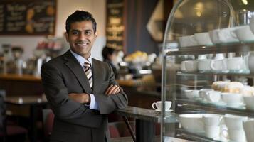 A confident Indian businessman stands at a coffee shop smiling and looking at the camera photo