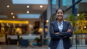 A smiling Indian female hotel manager wearing business attire and standing in front of the lobby photo