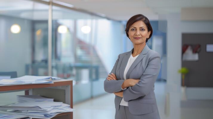 A confident and professional middle-aged Indian woman in business attire stands with her arms crossed