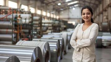 A beautiful smiling Indian female standing with arms crossed in textile mill factory background photo