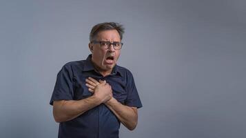 A middle aged Indian man holding his hand to his chest while having bad breath in an isolated on a grey background photo