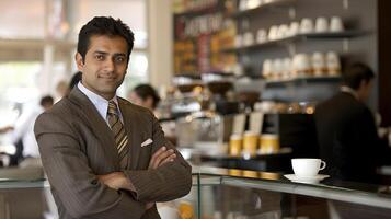 A confident Indian businessman stands at a coffee shop smiling and looking at the camera photo