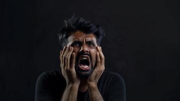 An Indian man with his hands on his face screaming in pain isolated against a black background photo