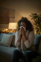 A woman sitting on the couch blowing her nose with an oversized tissue and wearing a comfortable photo
