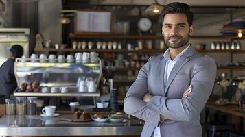 A confident Indian businessman stands at a coffee shop smiling and looking at the camera photo