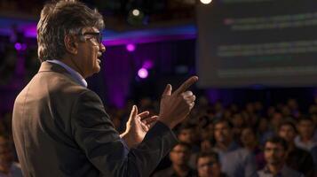 A middle aged Indian man in business attire and glasses gives an inspiring speech to a large audience photo