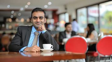 A confident Indian businessman sits in a coffee shop smiling photo