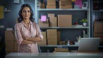 An Indian woman stands at a desk with arms crossed looking confident in a modern office photo