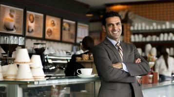 A confident Indian businessman stands at a coffee shop smiling and looking at the camera photo
