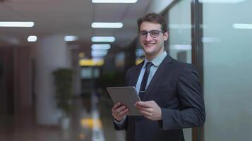 A young confident smiling Indian businessman holding a tablet in office photo