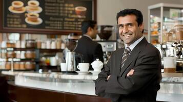 A confident Indian businessman stands at a coffee shop smiling and looking at the camera photo