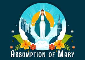 Assumption of Mary Christian Illustration Featuring the Feast of the Blessed Virgin with Doves and Angels in Heaven in a Flat Background vector