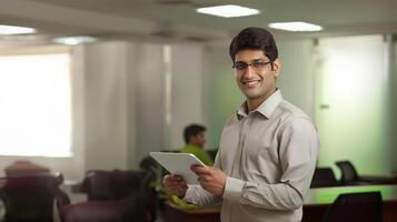 A young confident smiling Indian businessman holding a tablet in office photo