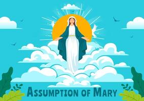 Assumption of Mary Christian Illustration Featuring the Feast of the Blessed Virgin with Doves and Angels in Heaven in a Flat Background vector