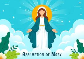 Assumption of Mary Christian Illustration Featuring the Feast of the Blessed Virgin with Doves and Angels in Heaven in a Flat Background vector