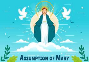 Assumption of Mary Christian Illustration Featuring the Feast of the Blessed Virgin with Doves and Angels in Heaven in a Flat Background vector