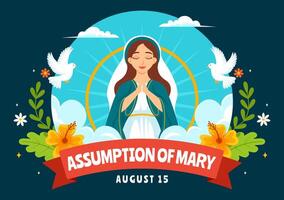 Assumption of Mary Christian Illustration Featuring the Feast of the Blessed Virgin with Doves and Angels in Heaven in a Flat Background vector