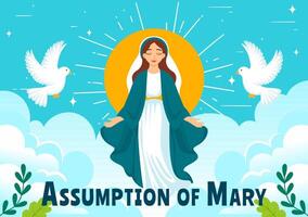 Assumption of Mary Christian Illustration Featuring the Feast of the Blessed Virgin with Doves and Angels in Heaven in a Flat Background vector