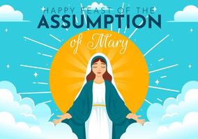 Assumption of Mary Christian Illustration Featuring the Feast of the Blessed Virgin with Doves and Angels in Heaven in a Flat Background vector