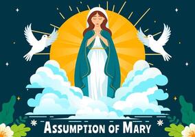 Assumption of Mary Christian Illustration Featuring the Feast of the Blessed Virgin with Doves and Angels in Heaven in a Flat Background vector